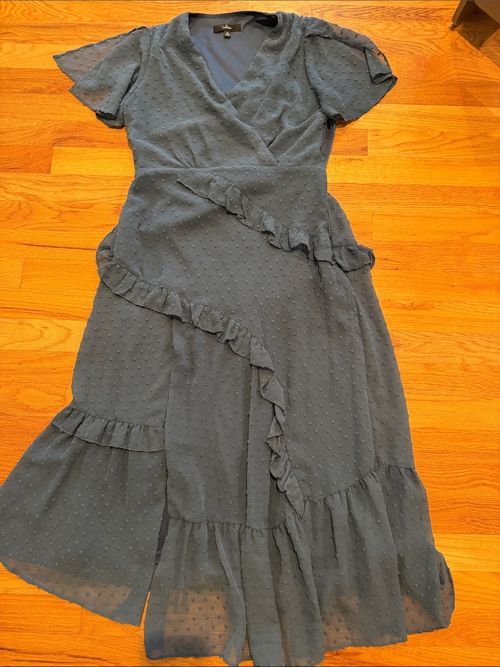 Lulu's Dusty Blue Ruffle Wrap Midi Dress